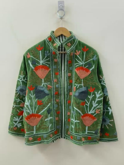 The Gulbadan Forest — Peach Edition · Hand Suzani Embroidered Velvet Jacket