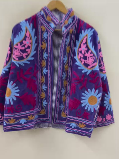 The Violet Garden — Suzani Hand-Embroidered Velvet Jacket — Royal Purple