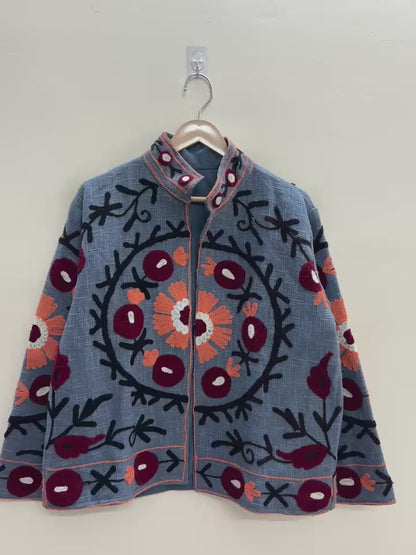 The Chambelí Suzani — Hand-Embroidered Cotton Jacket — Dusty Blue with Maroon & Coral Bloom