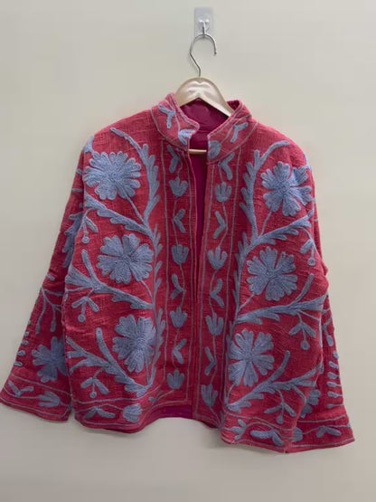 The Crimson Garden — Suzani Embroidered Cotton Jacket — Brick Red & Periwinkle Blue
