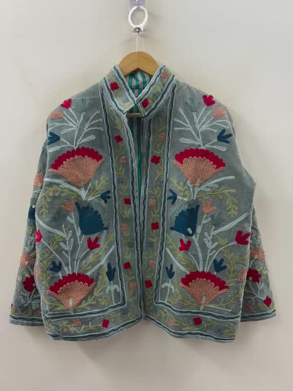 The Buzkashi Garden — Suzani Hand-Embroidered Velvet Jacket — Slate Blue