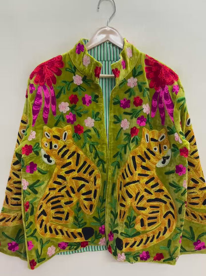 The Bagh Suzani — Hand-Embroidered Velvet Jacket — Moss Green with Tiger & Marigold Motifs