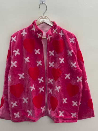 The Kissed Rose — Suzani Embroidered Velvet Jacket — Fuchsia Pink with Crimson Hearts