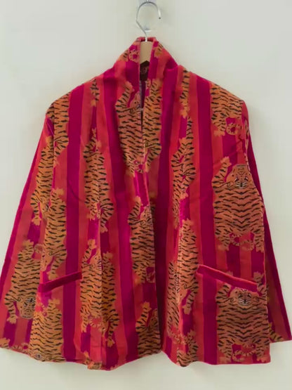 The Tiger Durbar — Velvet Printed Jacket — Saffron & Magenta