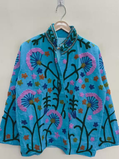 The Turquoise Meadow — Suzani-Embroidered Cotton Jacket — Sky Blue with Blush Pink & Indigo Florals