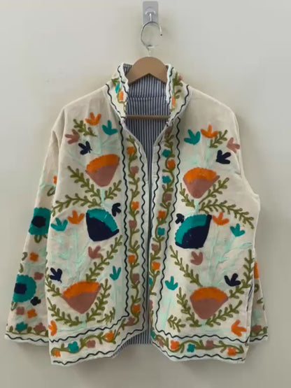 The Samarkand Bloom — Suzani Embroidered Velvet Jacket — Ivory with Terracotta & Teal