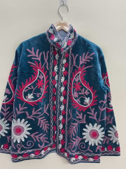 The Samarkand Nights — Suzani Embroidered Velvet Jacket — Denim Blue with Raspberry & Lilac Bloom