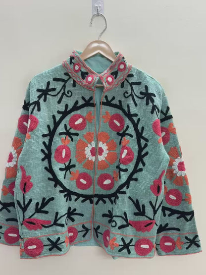 The Samarkand Bloom — Suzani Hand-Embroidered Cotton Jacket — Sage Green with Coral Pomegranates