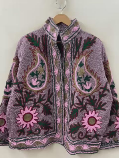 The Garden of Bagh — Suzani Hand-Embroidered Cotton Jacket — Dusty Rose & Forest Green