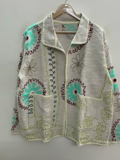 The Marigold Suzani — Hand-Embroidered Cotton Jacket — Ivory with Turquoise & Wine