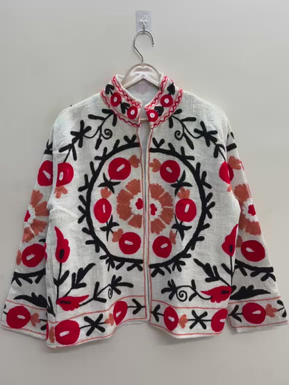 The Anar Bloom — Suzani Hand-Embroidered Cotton Jacket — Ivory with Vermilion & Ochre
