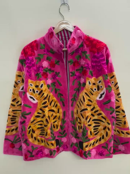 The Bengal Bloom — Suzani Embroidered Velvet Jacket — Fuchsia Pink with Amber Tiger
