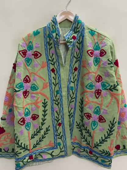 The Sage Meadow — Suzani-Inspired Hand Embroidered Cotton Jacket — Pistachio Green with Coral, Lilac & Cerulean Florals