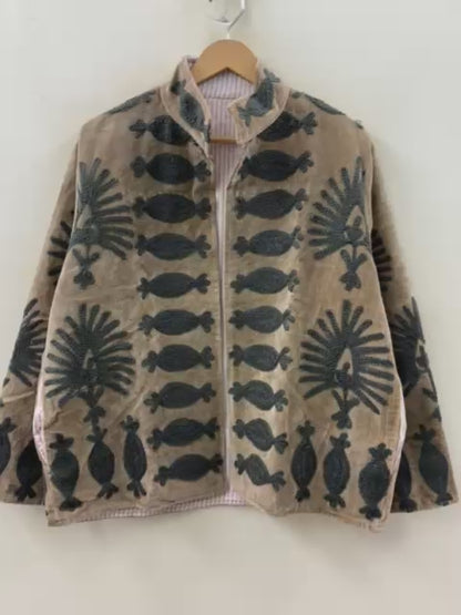 The Nomad's Garden — Suzani Chain-Stitch Velvet Jacket — Dust Rose & Charcoal