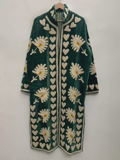 The Daisy Meadow Kimono — Suzani Chainstitch Velvet Jacket — Forest Green with Ivory Daisies