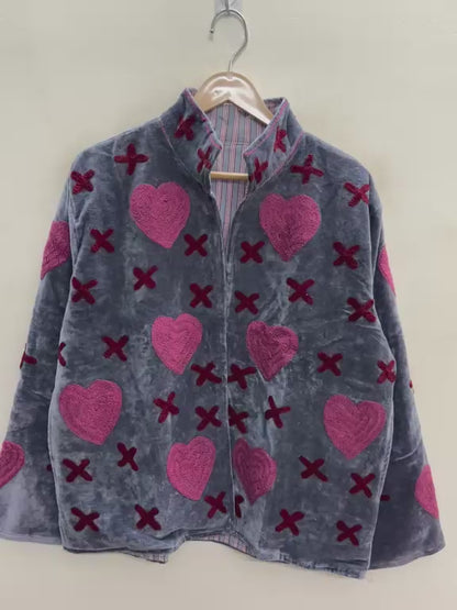 The Anaar Dil — Suzani Embroidered Velvet Jacket — Slate Blue with Crimson Hearts