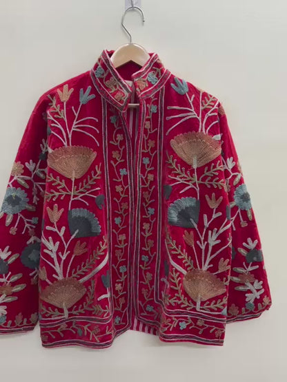 The Gulbagh — Suzani Chain-Stitch Velvet Jacket — Crimson Red