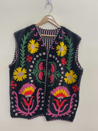 The Marigold Bloom — Suzani Embroidered Velvet Vest — Jet Black with Sunflower Gold & Rose Pink