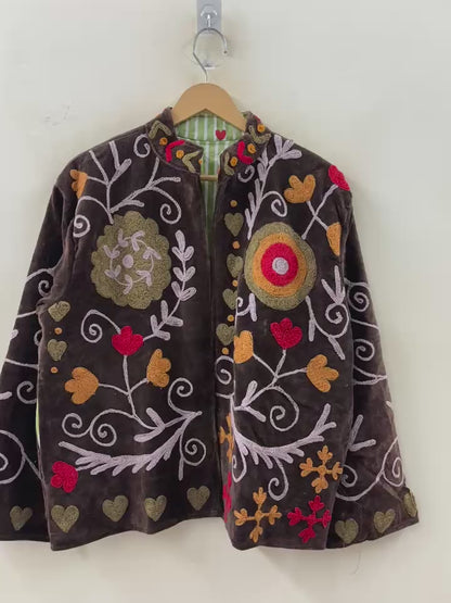 The Anar Baagh — Suzani Embroidered Velvet Jacket — Espresso Brown with Marigold & Ruby Blooms