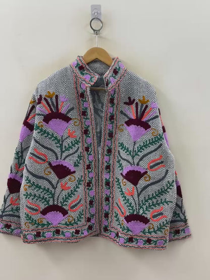 The Garden of Ferghana — Suzani-Inspired Hand-Embroidered Cotton Jacket — Ivory Herringbone