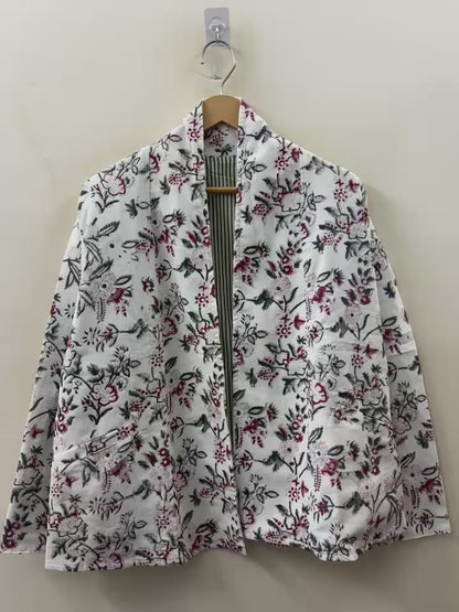 The Wildflower Garden — Hand-Embroidered Corduroy Jacket — Cream with Burgundy & Forest Green Florals