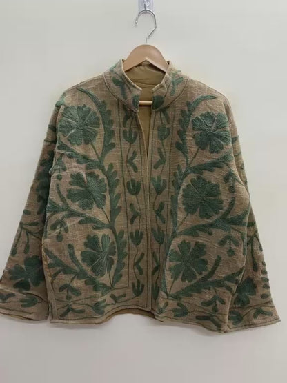 The Desert Bloom — Suzani-Embroidered Jute (Cotton) Jacket — Camel & Forest Green