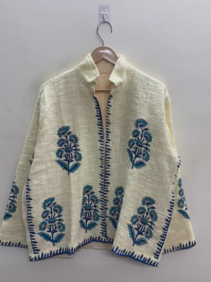 The Marigold Bagh — Suzani-Embroidered Handwoven Cotton Jacket — Ivory with Turquoise Blue
