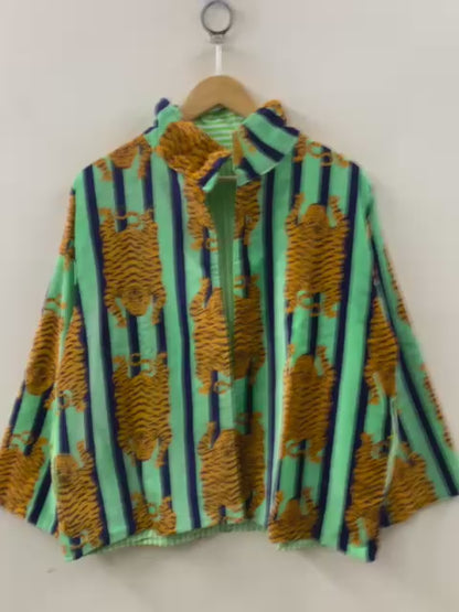 The Bengal Striper — Block Printed Velvet Jacket — Mint, Navy & Amber