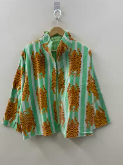 The Tiger Stripe — Block Printed Cotton Jacket — Mint Stripe & Saffron