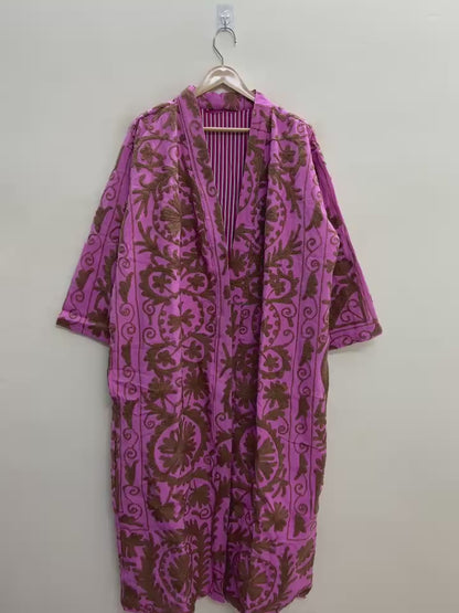 The Orchid Vine — Suzani Embroidered Cotton Jacket — Fuchsia Pink & Umber Brown