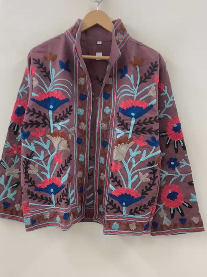 The Wildflower Dusk — Suzani-Inspired Hand-Embroidered Cotton Jacket — Mauve Brown