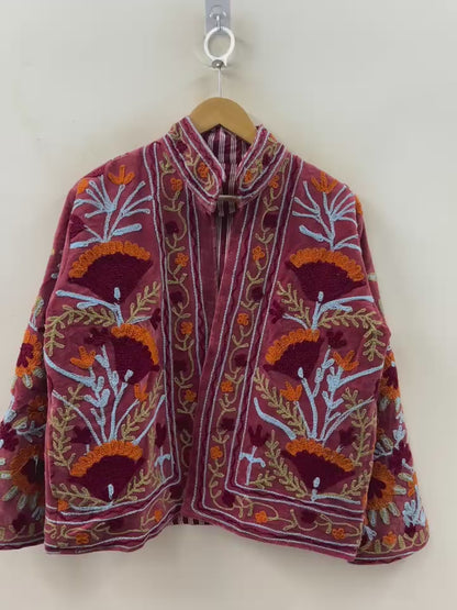 The Poppy Garden — Suzani Hand-Embroidered Velvet Jacket — Antique Rose & Marigold