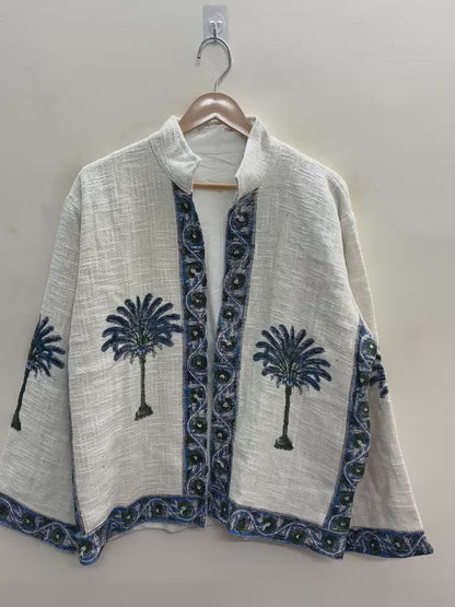 The Khejri Oasis — Hand-Embroidered Cotton Jacket — Undyed Ivory with Indigo Palm