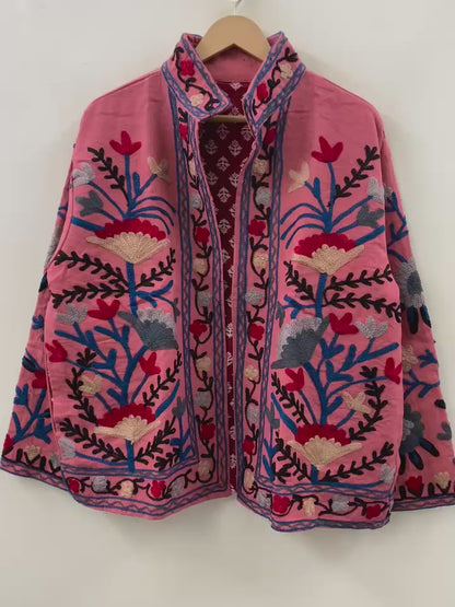 The Rose Garden — Crewel Embroidered Cotton Jacket — Dusty Rose