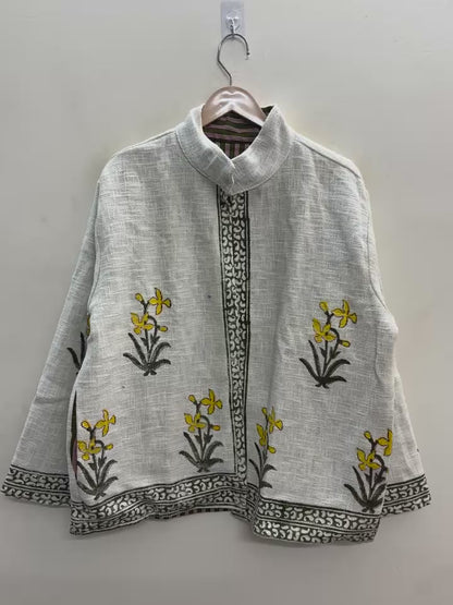 The Sarson Bagh — Hand Block-Printed Cotton Jacket — Ivory with Olive & Mustard Floral Motifs