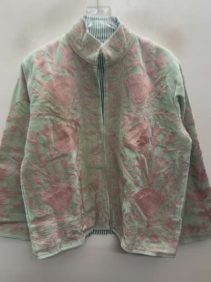 The Nasreen Orchard — Suzani Hand-Embroidered Velvet Jacket — Sage Green with Dusty Rose Florals