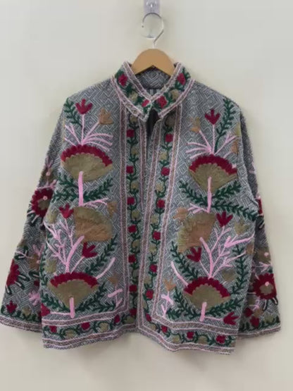 The Garden of Karez — Hand-Embroidered Cotton Jacket — Salt & Pepper Weave with Carnation Bloom