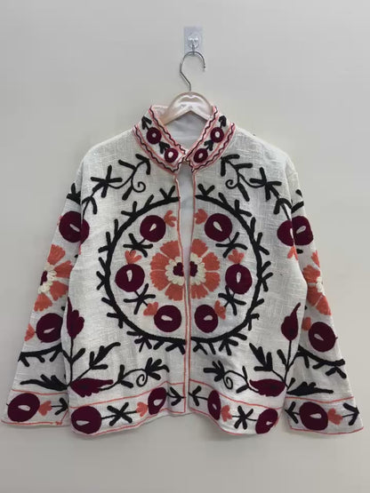 The Samarkand Bloom — Suzani Embroidered Cotton Jacket — Ivory with Burgundy & Rust Medallions