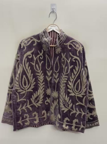 The Samarkand Bloom — Suzani-Embroidered Velvet Jacket — Dusk Mauve with Ivory Vinework