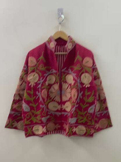 The Crimson Suzani — Peach Edition — Hand-Embroidered Waffle Cotton Jacket