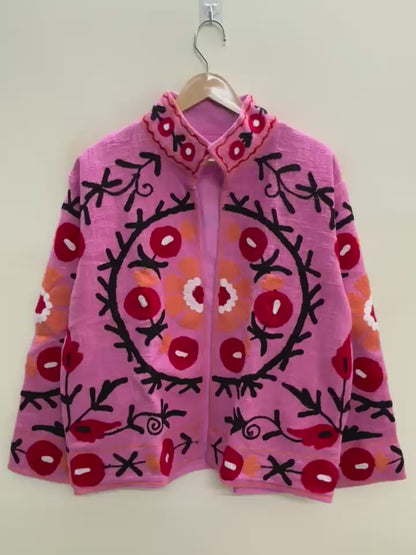 The Anaar Bagh — Suzani Embroidered Cotton Jacket — Blush Pink with Crimson Florals