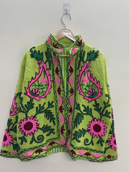 The Lime Orchard Suzani — Hand-Embroidered Cotton Jacket — Chartreuse with Pink & Moss Green Florals