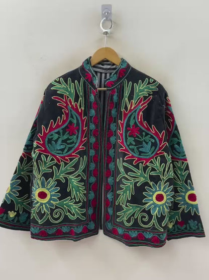 The Samarkand Garden — Suzani Hand-Embroidered Velvet Jacket — Midnight Black