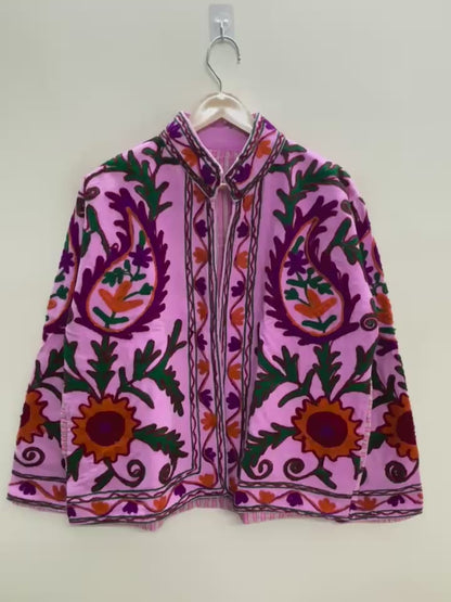 The Orchid Bostan — Suzani Embroidered Cotton Jacket — Pink with Paisley & Sunflower Motifs