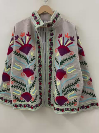 The Garden of Symmetry — Suzani-Inspired Hand-Embroidered Cotton Jacket — Stone Grey