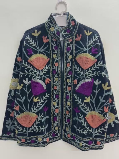 The Midnight Suzani — Hand-Embroidered Velvet Jacket — Ink Black with Marigold, Terracotta & Magenta Blooms