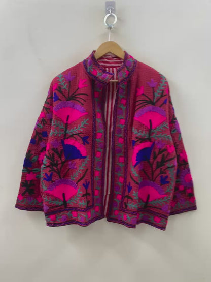The Berry Suzani — Neon Bloom — Hand-Embroidered Waffle Cotton Jacket