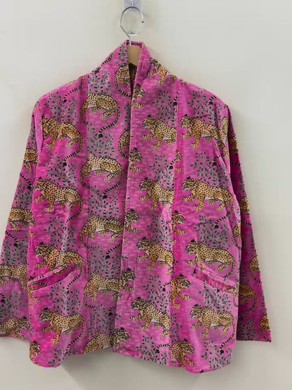 The Leopard Garden — Block Printed Velvet Jacket — Fuchsia Pink