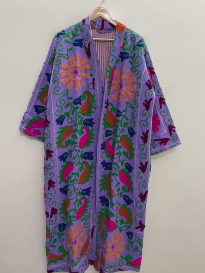 The Lavender Bagh — Suzani Hand-Embroidered Cotton Long Jacket — Lilac with Marigold & Fuchsia Florals