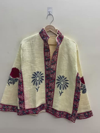 The Bagh Marigold — Suzani Hand-Embroidered Cotton Jacket — Ivory with Indigo & Wine Bordering